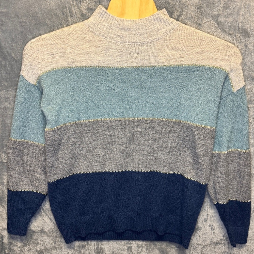 2077 | H Halston Striped Mock Neck Metallic Knit Sweater Blue Gray Women M